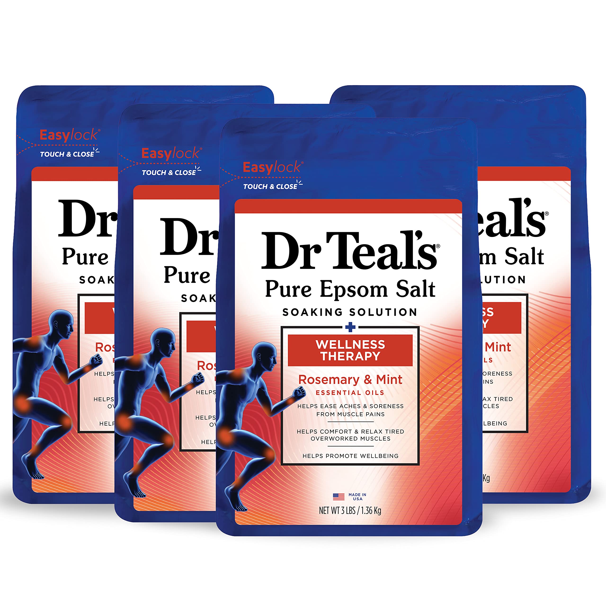 Dr Teal's Pure Epsom Salt Soak, Wellness Therapy with Rosemary & Mint, 3 lbs (Pack of 4)