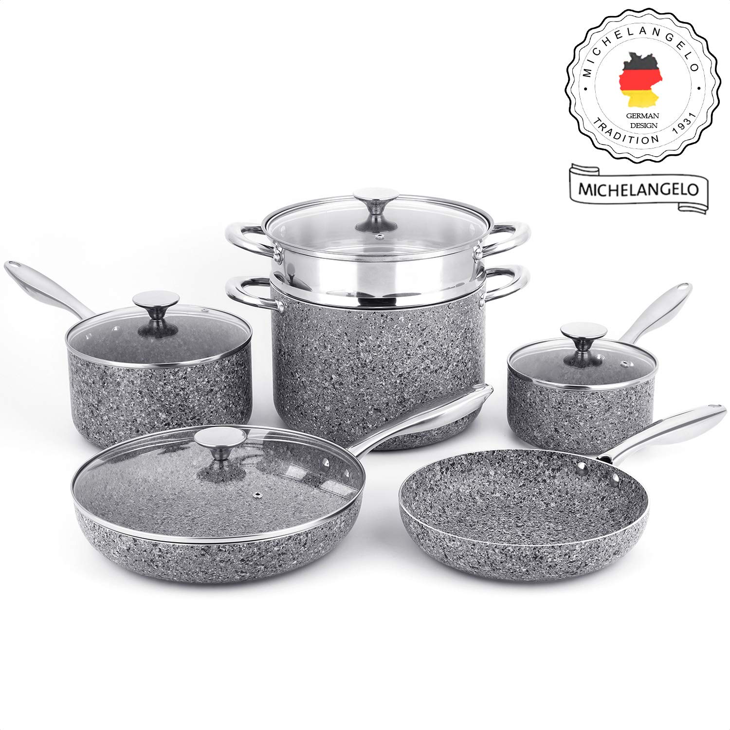 Granite Cookware Set 10 Piece, Ultra Nonstick Pots and Pans Set with 100% APEO & PFOA-Free Stone-Derived Coating, Granite Pots and Pans Set Nonstick, Cookware Set Nonstick, Induction Compatible