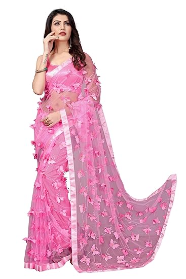 Women's Net Saree with Unstitched Blouse Piece