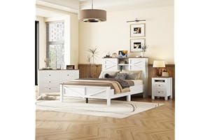 XD Designs Farmhouse Design 3-Pieces Bedroom Sets, Full Size Platform Bed with Storage Nightstand and Dresser, Solid Wood Platform Bed with Double Sliding Door Storage Headboard and Charging Station