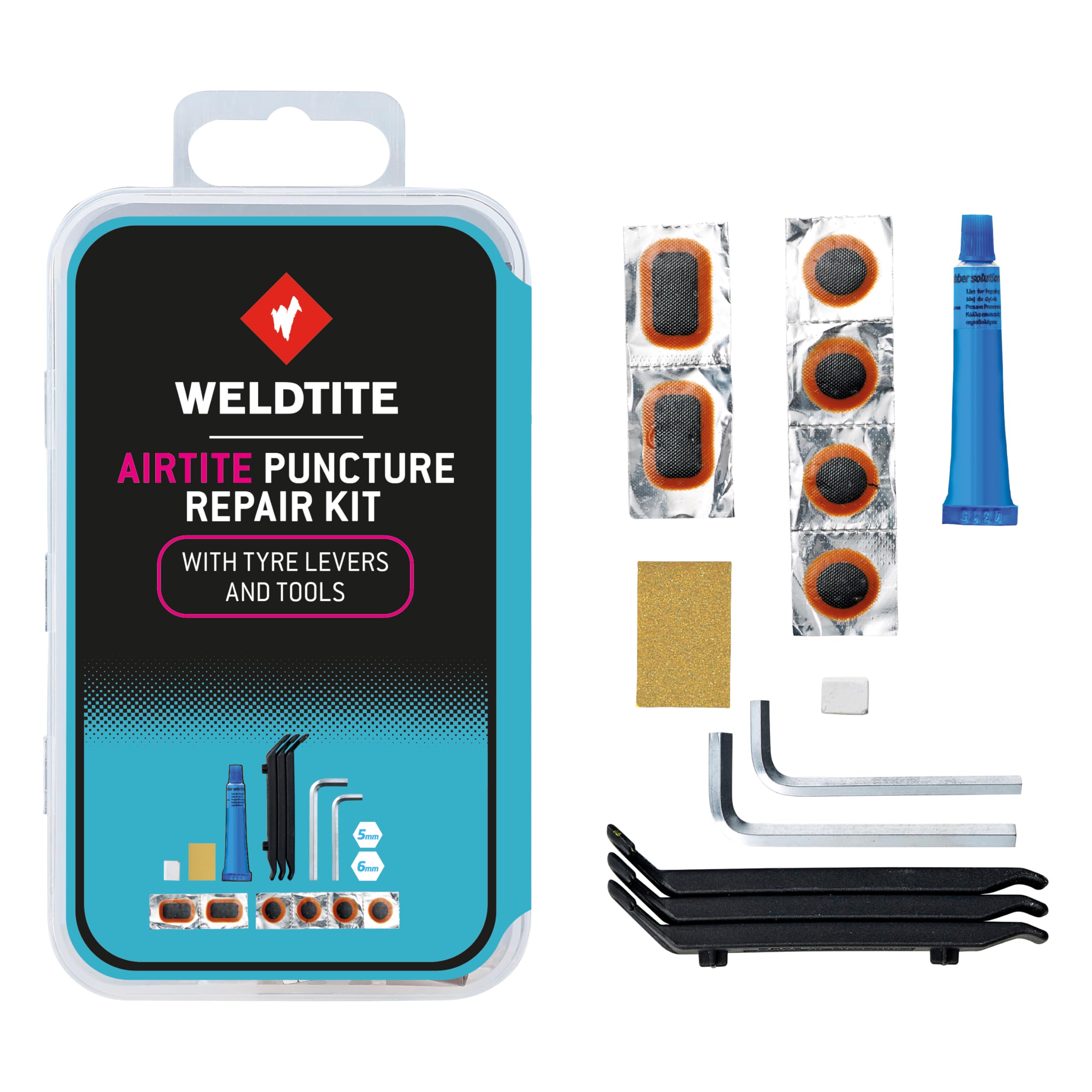 WELDTITE Airtite Bike Puncture Repair Kit for Inner Tubes - Effective and Easy to Use with Tyre Levers & Tools (Pack of 1)