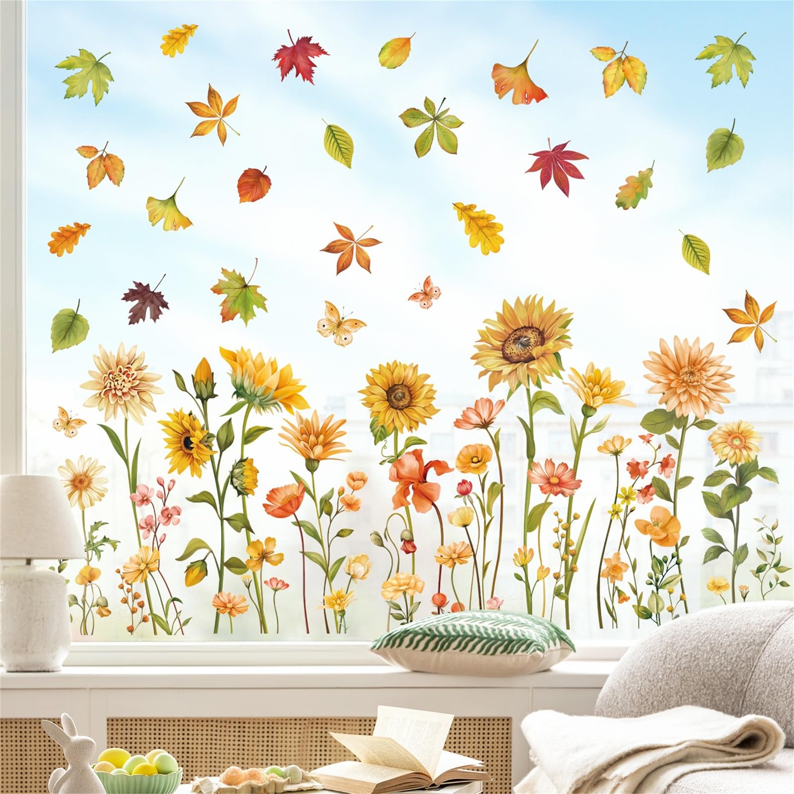 decalmile Autumn Fall Flowers Double Sided Window Clings Sunflower Maple Leaves Window Decals Anti-Collision Glass Window Doors Window Stickers