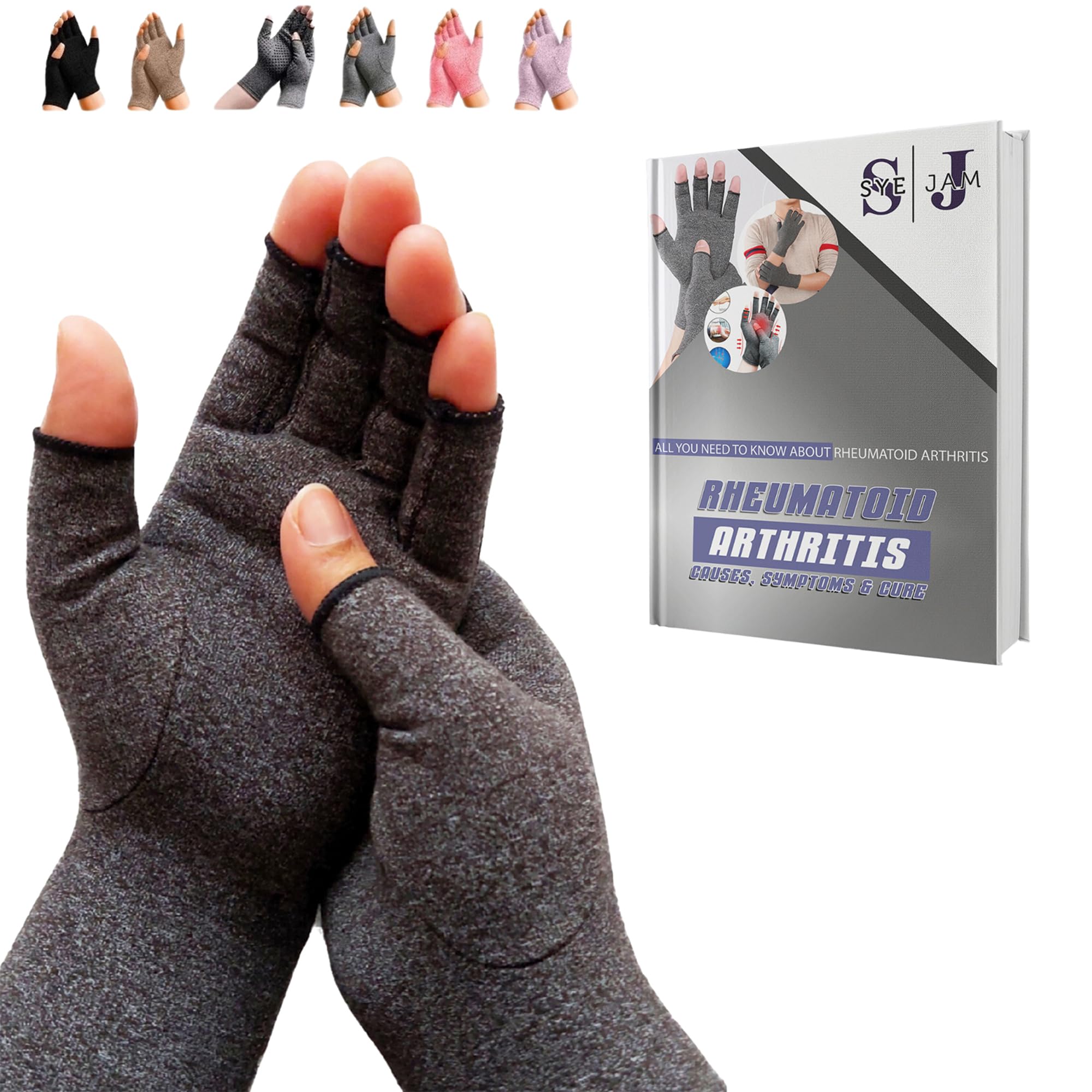 SyeJam Arthritis Gloves Fingerless- Rheumatoid Arthritis Compression Gloves for Pain Relief - Grey (M) 1 Pair