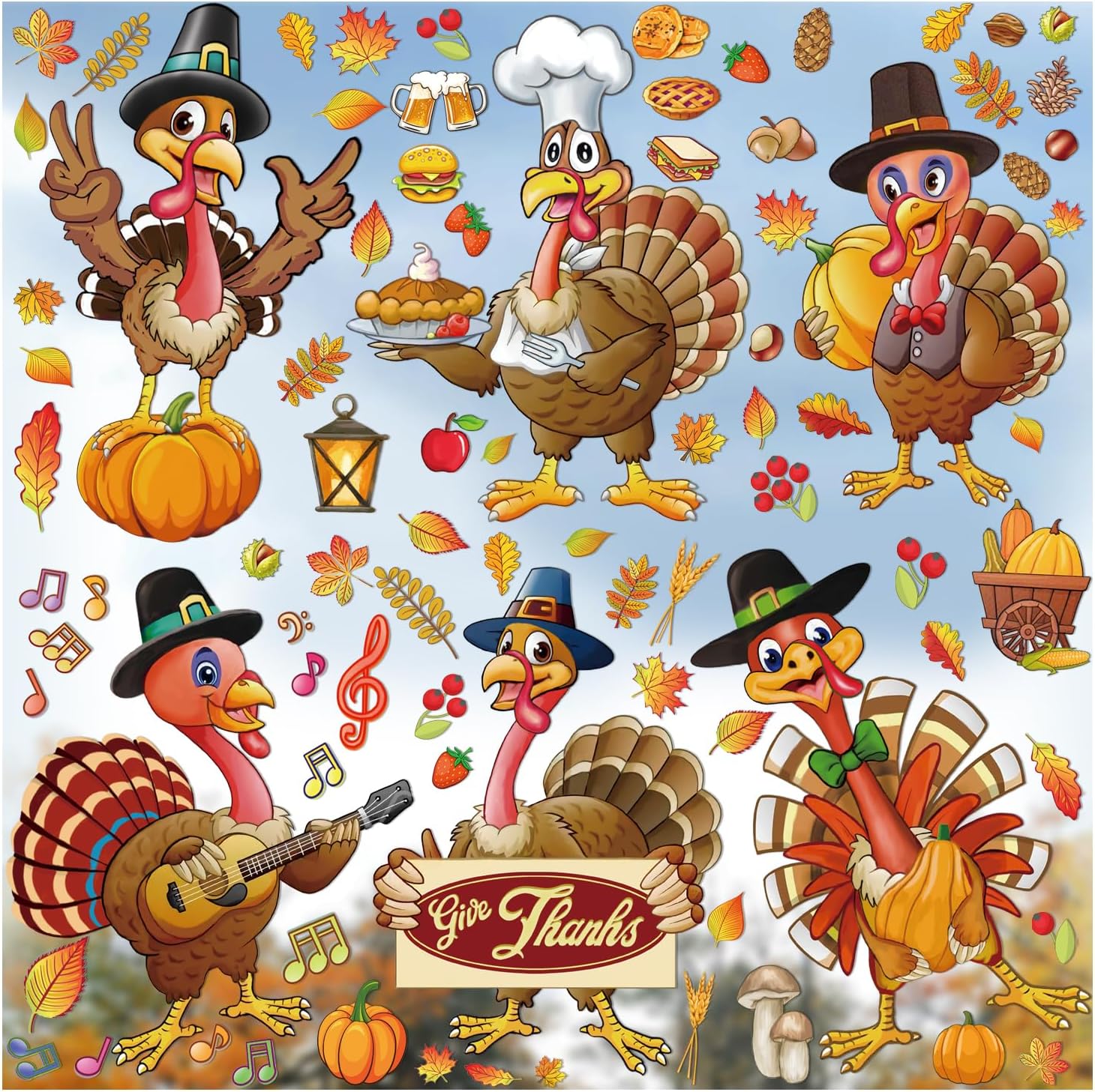 Window Treatments - HOLYHOM Thanksgiving Window Clings Fall Decor, 6 Sheets Fall Window Decorations for Glass Windows, Turkey Leaves Harvest Thanksgiving Fall Decorations for Home (DWFALLBS03)