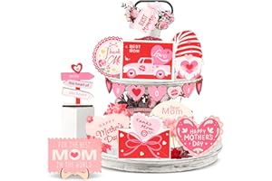 Comkrivy 20 Pcs Mother's Day Tiered Tray Decorations, Happy Mother's Day Wood Signs Heart Shaped Wooden Table Signs Set Country Farmhouse Rustic Tiered Tray Decoration Gift for Mother's