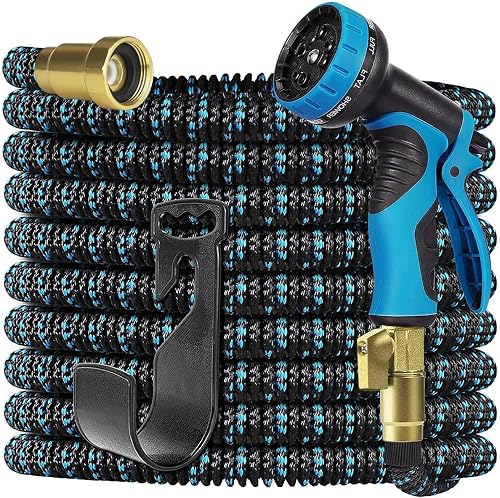 50Ft Expandable Garden Hose Water Hose - Kink Free Flexible Expending Hose with 10 Function Nozzle and 3-Layers Latex, 3/4 Solid Fittings