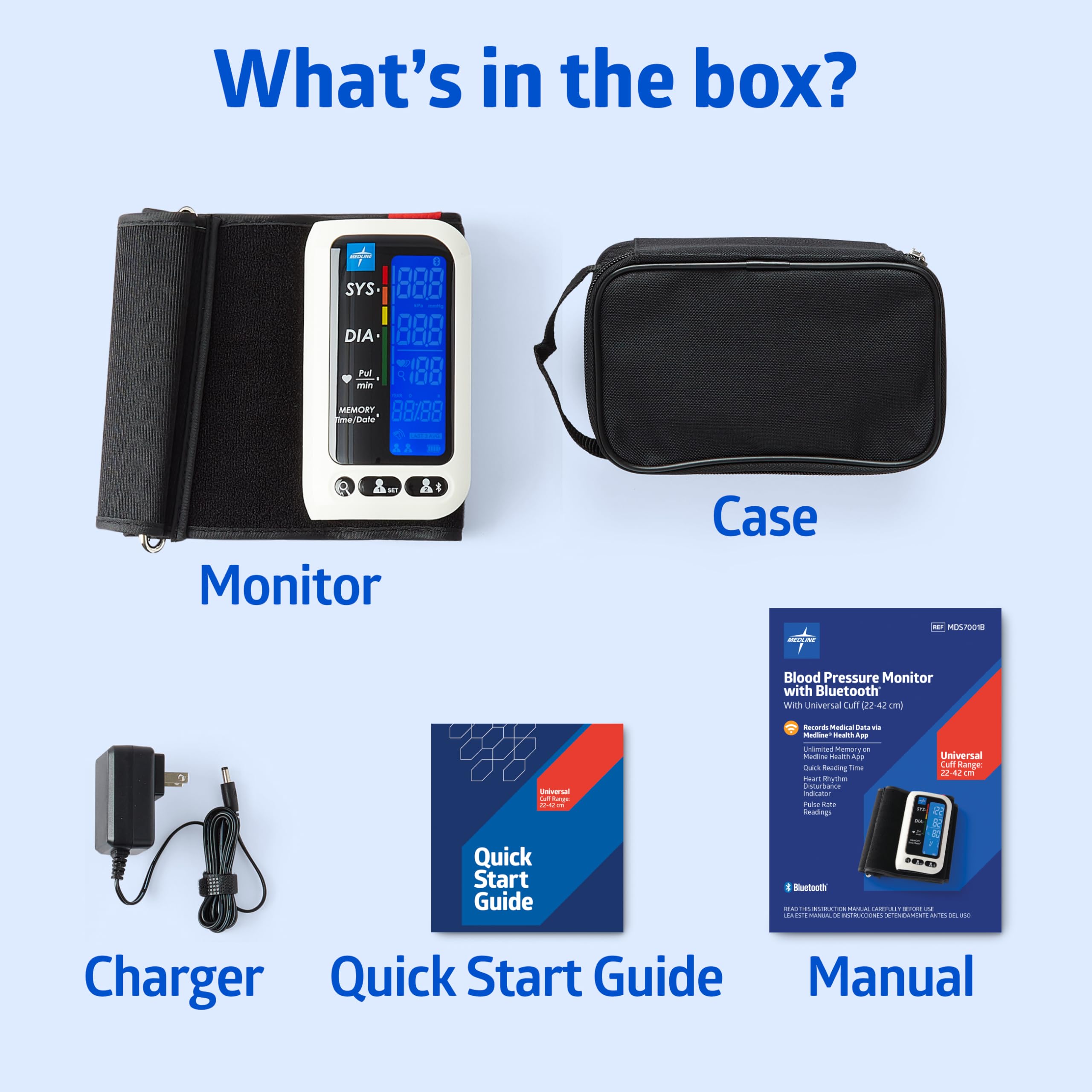 Medline Bluetooth Blood Pressure Monitor, Attached Universal Upper Arm Cuff, Digital LCD Display, Medline Health App Integration, Store Up to 120 Readings, Charger Cable and Carrying Case Included