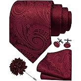 GUSLESON Paisley Tie Set for Men 3.15" Necktie Lapel Pin Hankerchief Cufflinks Set for Men