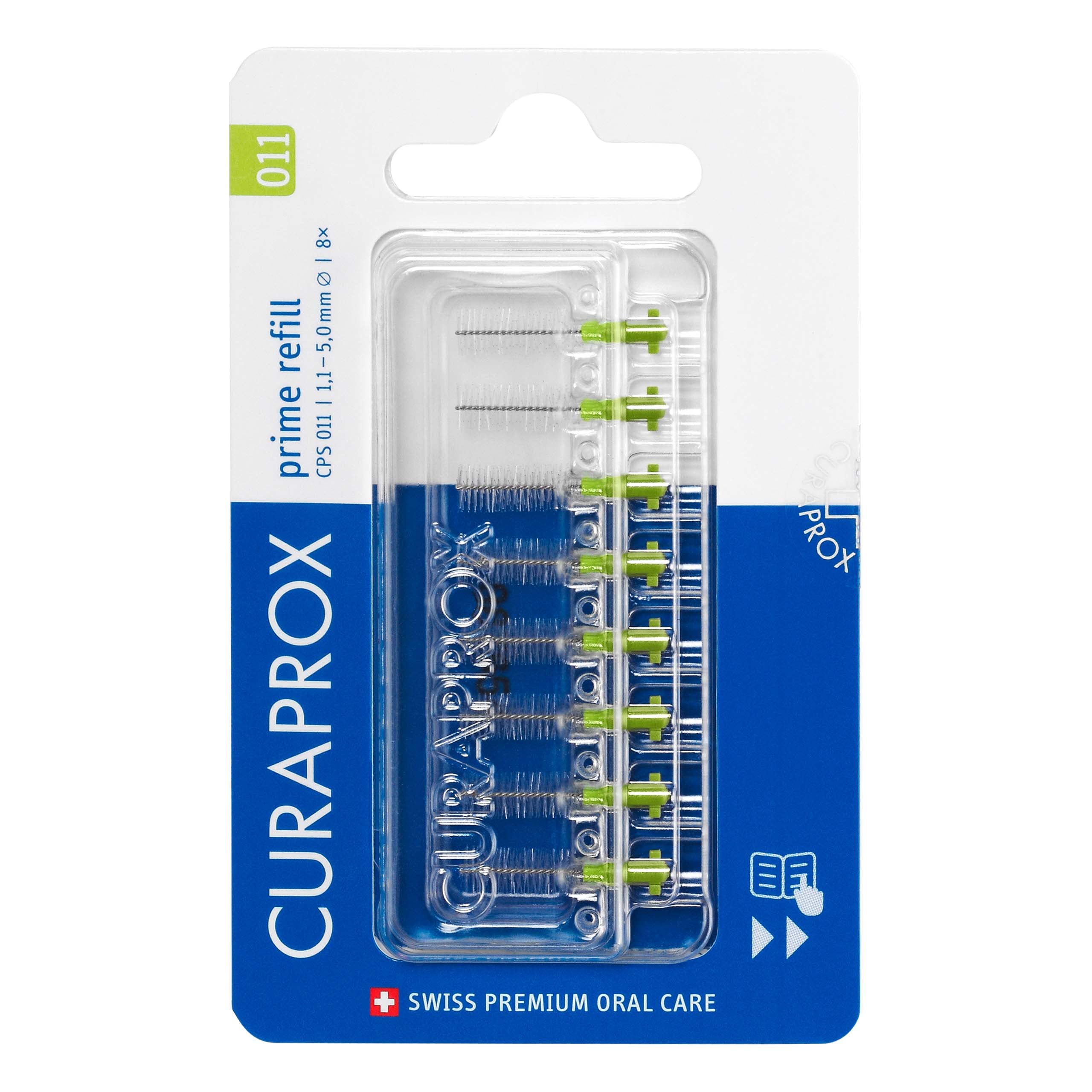 Curaprox Interdental Brush Refills CPS 011 Prime – ISO Size 3, Green | Ultra-Fine Filaments for Effective Cleaning of Narrow Spaces | 8-Pieces | Made in Switzerland