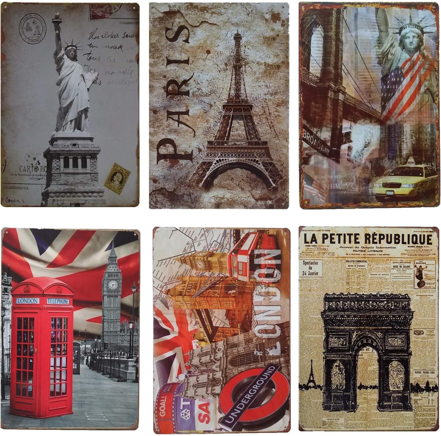 World Famous Building Metal Tin Sign Deco,Home Bar Cafe Decoration 6pcs 30cm20cm (7.8711.81inch)