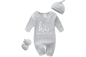 BIBIMOM Baby Romper with Baby Mittens & Newborn Hats Footless Long Sleeve Solid Onesie Hi Im New Here