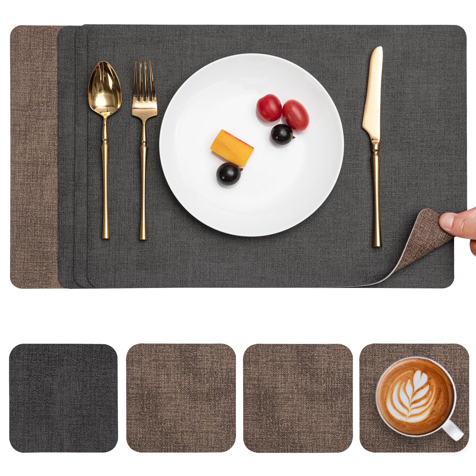 Myir JUN Placemats and Coasters Set of 4, Place Mats Dual Sided Faux Leather Table Mats PU Indoor Outdoor Heat Resistant Placemat Square Non Slip Wipeable Washable Dining Restaurant — image 1