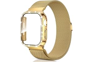 KEEPAMOR Mesh Loop with Bling Case Compatible with Apple Watch Band 38mm 40mm 41mm 42mm 44mm 45mm 46mm, Stainless Steel Metal Strap with Cover for iWatch Series 10 9 8 7 6 5 4 3 2 1 SE for Women