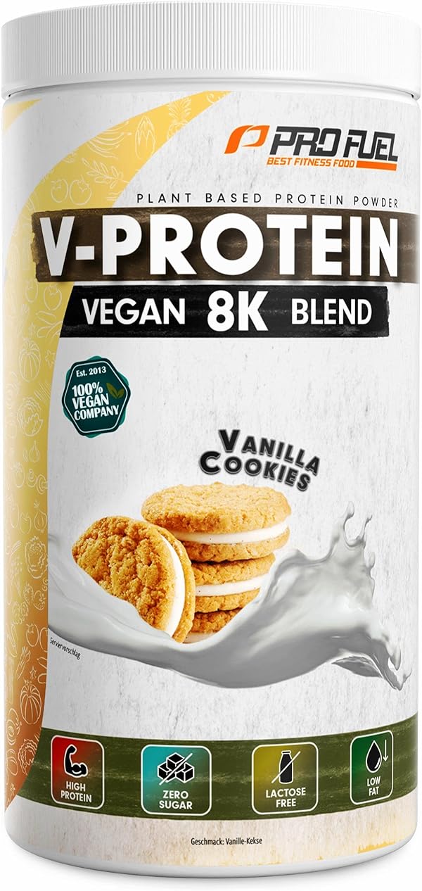 Vegan Protein – VANILLE - V-Protein 8K Blend - unglaublich lecker & cremig - mit Protein aus Sonnenblume, Reis, Erbse, Hanf, Kürbis uvm. - pflanzliches Proteinpulver mit 80% Eiweiß