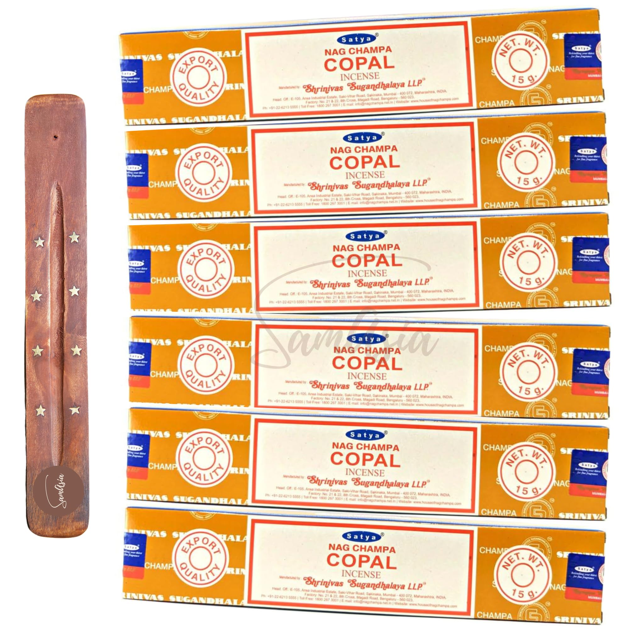 Satya Nag Champa Copal Incense Sticks | x6 pack | with SAMASIA incense sticks holder | Used for Aromatherapy, Spa, Yoga, Weddings, Meditation, Healing, Positivity and Relaxation