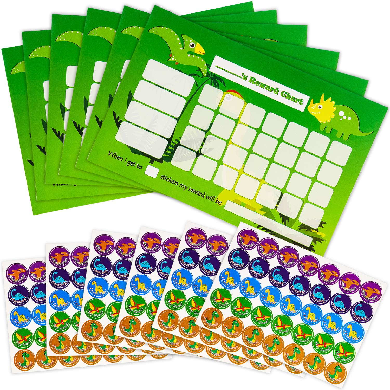 12 Pieces Dinosaur Reward Chart Set Includes 6 Pieces Dinosaur Reward Charts, 6 Sheets 210 Pieces Dinosaur Incentive Stickers for Teachers Classroom School Learning