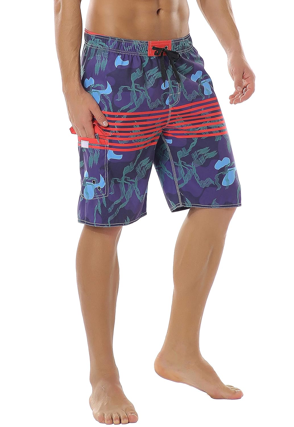 Meegsking Mens Quick Dry Stripe Beach Board Shorts Elastic Waist Swim Trunks with Mesh Lining