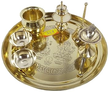 SHIV SHAKTI ARTS Brass 1 Pooja Thali, 1 Ghanti, 2 Roli Chawal Katori, 1 Deepak, 1 Kalash, 1 Agardaan (Yellow)