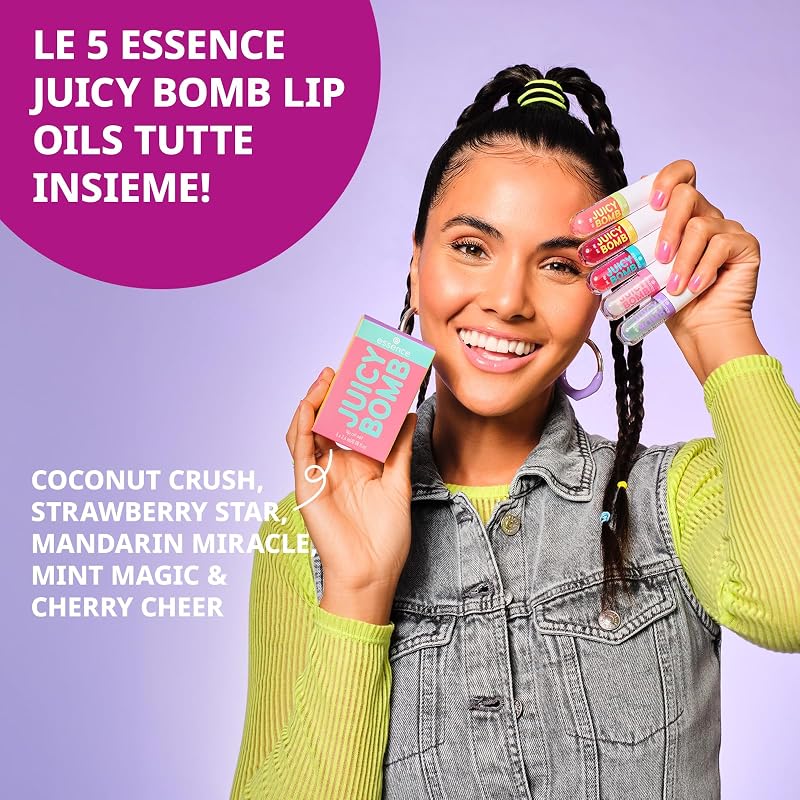 essence JUICY BOMB lip oil set 01 – Set di oli labbra nutrienti con profumo fruttato – Finish ultra brillante con vitamina E e olio di jojoba – Cosmetica vegana – 5 x 2,4 ml