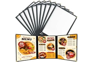FLK Tech 8.5 x 11 Inch Menu Covers, 10 Pack 3 Page 6 View Menu Holder, Restaurant Menu Cover Fits 8 1/2" x 11" Paper, Double Stitched Restaurant Menu Sleeves, Wine Menu