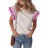 SELINK Womens Summer Ruffle Short Sleeve Top Crewneck T Shirts Floral Trim Casual Blouses