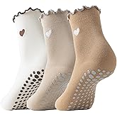 Digoon 3 Pairs Pilates Socks with Grips Non-slip Ruffle Cute Heart Yoga Grip Sock for Women