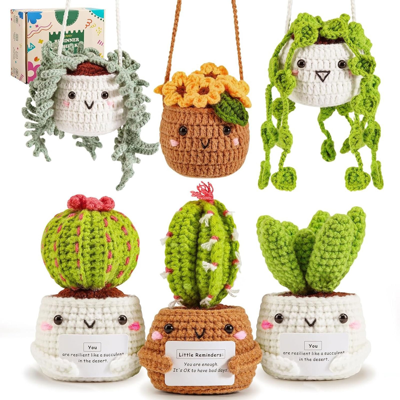 Mecmbj Crochet Kit for Beginners, 6 Pieces Hanging Handmade Plant Potted Crochet Starter Kit, Adults with Step-by-Step Video Instructions, Crochet Gifts