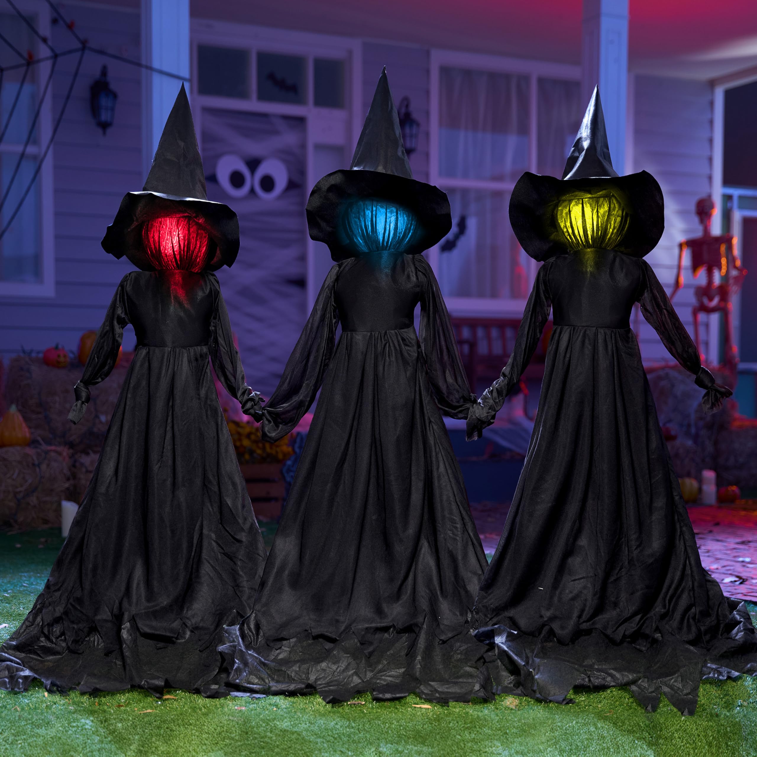 Photo 1 of JOYIN Halloween Witch Decorations Outdoor Yard Stakes 3 Pack, 4.2 FT Multicolored Light Up Scary Flying Witch with Sound Activation, for Halloween Graveyard Lawn Yard Garden Decorations
