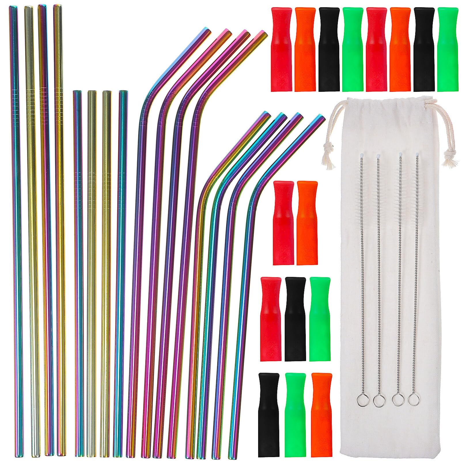 Mobestech 21Pcs Reusable Straws Set Metal Drinking Straws Inclued16 Metal Drinking Straws with Silicone Tip Covers with 4 and 1 Portable Bag for Smoothie Cold and Hot Drinks