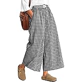 Neer Women's Plaid Gingham Skirt Pants Flowy Oversized Wide Leg Elastic Waist Palazzo Casual Trousers with Pockets