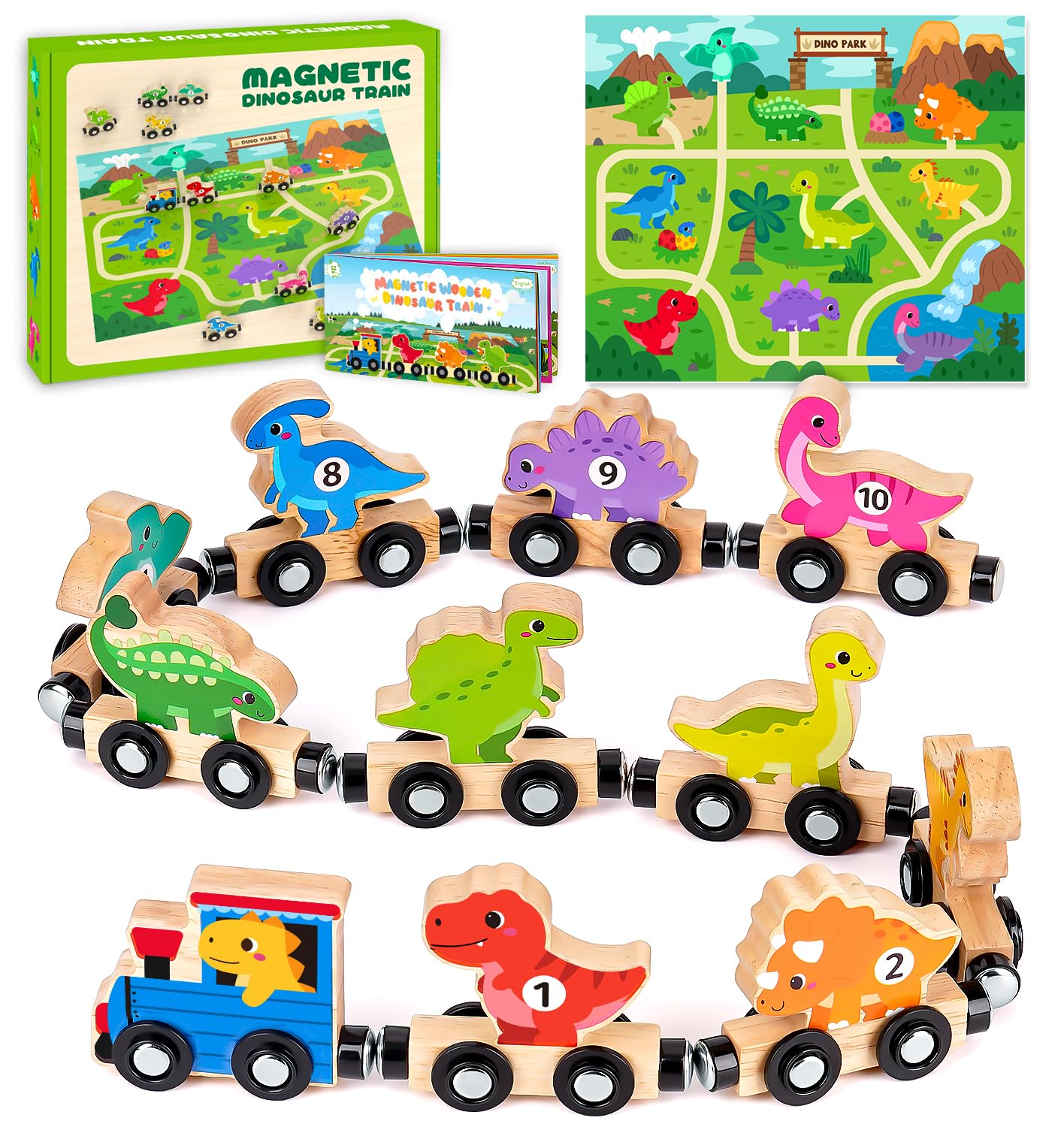 Toddler Dinosaur Toys for 1 2 3 Year Old Boys, Wooden Magnetic Dinosaur Train Toys for Boys Girls age 1-3, Montessori Educational Toys for 1-2-3 Year Olds, Birthday Gifts for 1 2 3 Year Old Boy Girl
