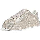 LUCKY STEP Rhinestone Sneakers for Women Platform Sparkly Glitter Bling Tennis Shoes Fashion Bedazzled Wedding Bridal Party Walking Sneakers