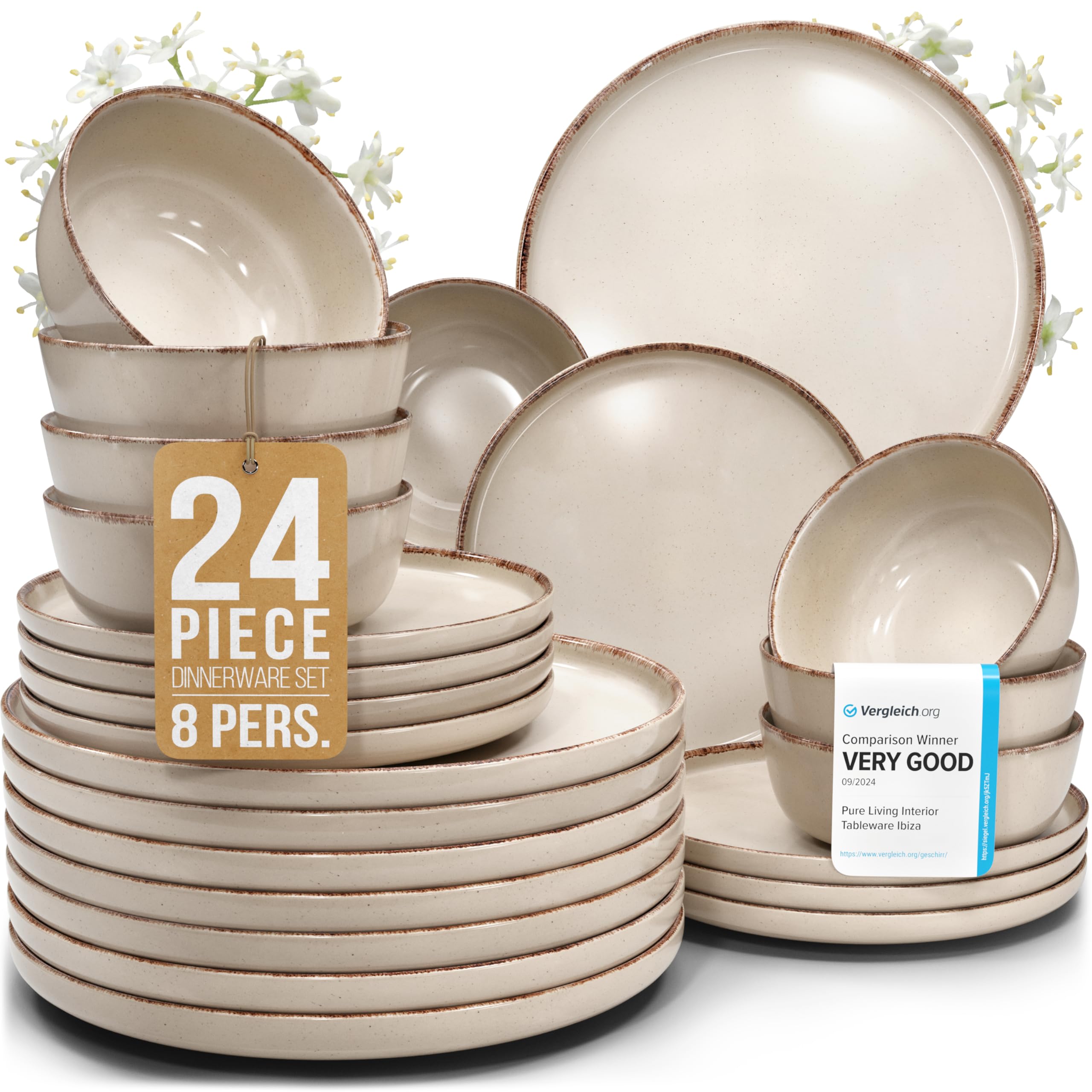 Photo 1 of Stoneware dinnerware set 8 persons Rustic 24 pcs - Rustic design dinnerware set, dishwasher safe - Bowl and plate set - Pure Living dinnerware in beige…