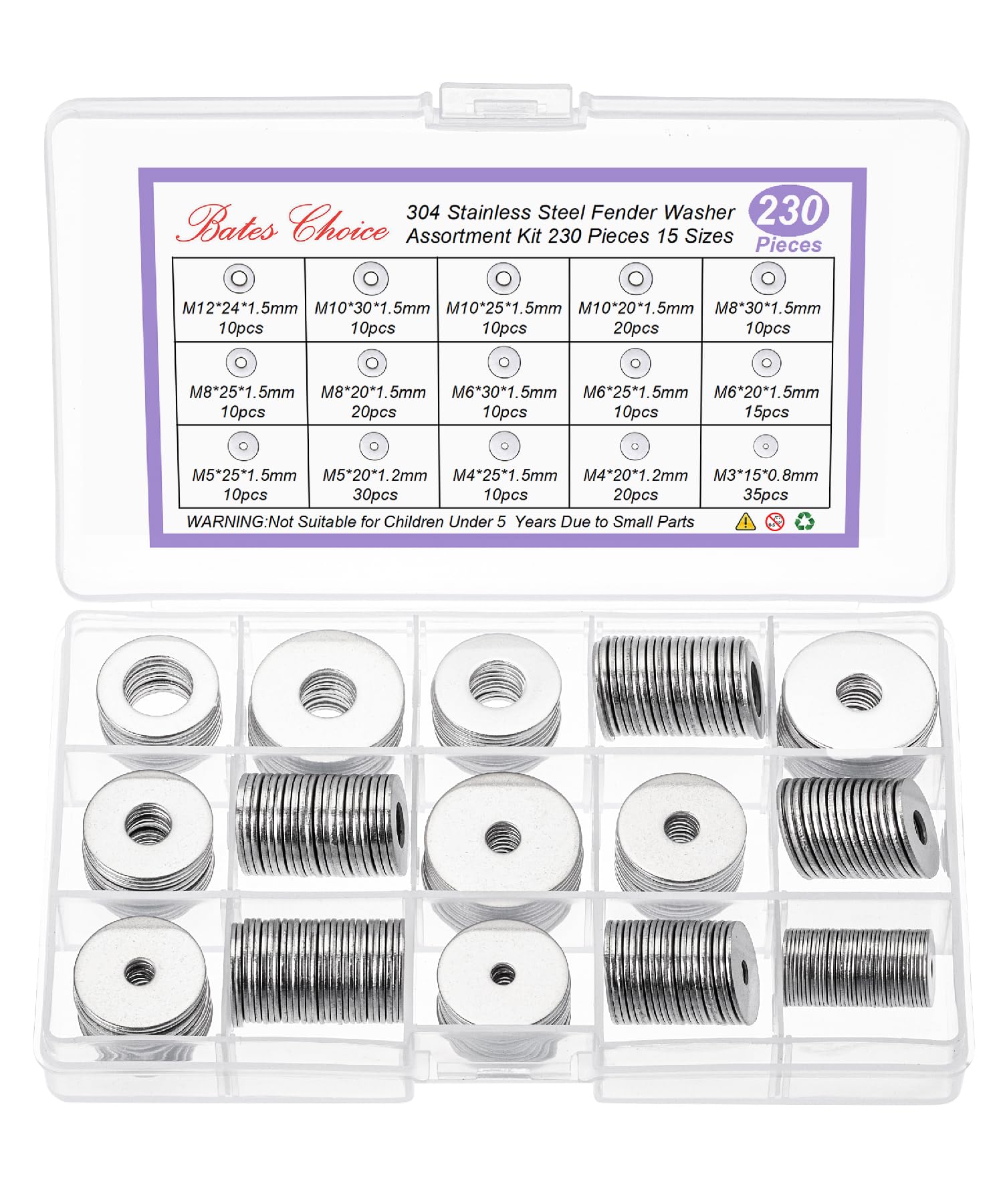 Photo 1 of Bates- Fender Washers Assortment Kit, 230 pcs, Stainless Steel Flat Washers, 15 Sizes(M3-M12), Stainless Steel Fender Washers, Flat Washer, Large Washer Fender Washer Assortment, Assorted Washers