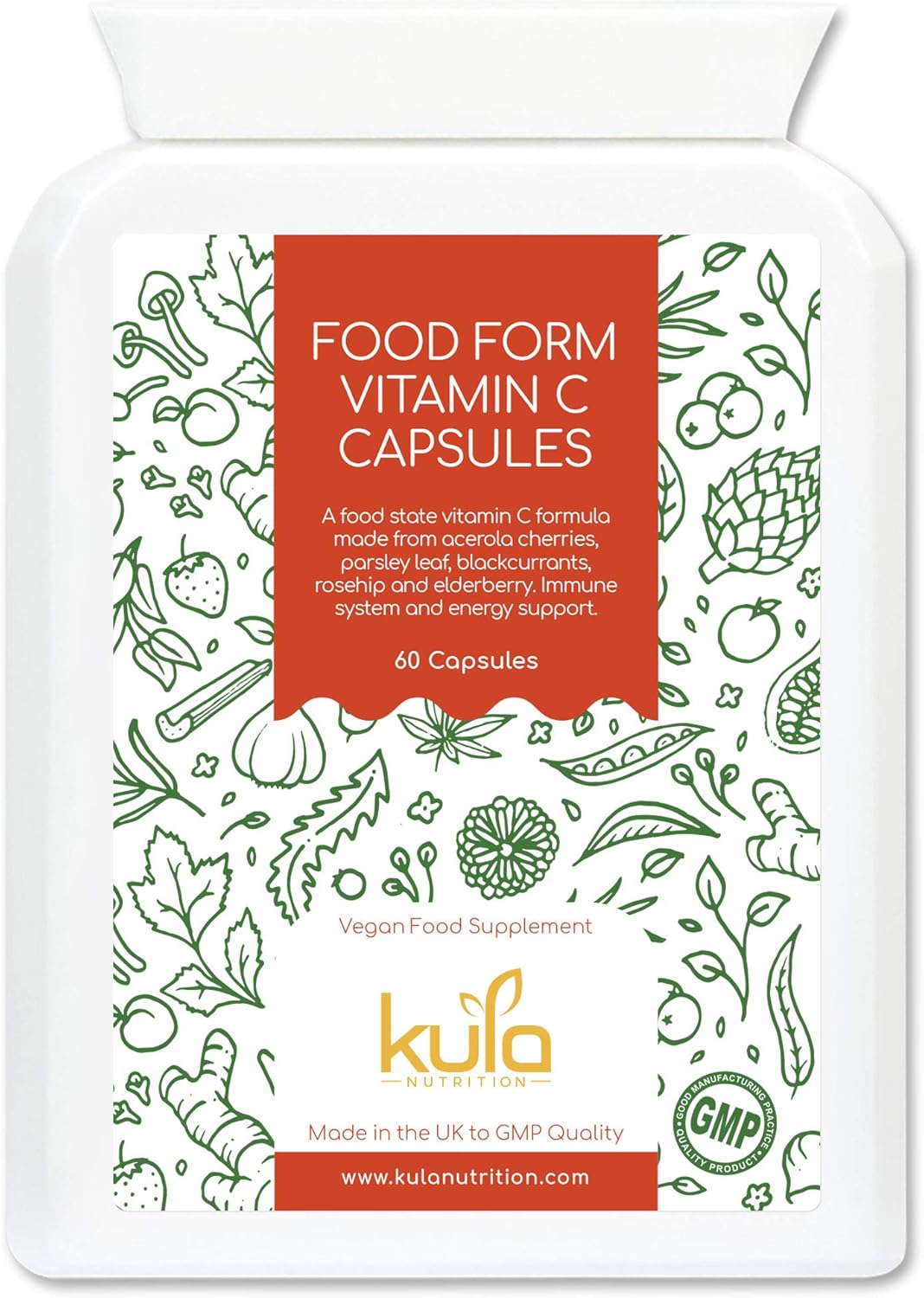 Kula Nutrition Food Form Vitamin C Blend 60 Capsules Natural Vegan Food State Formula Including Acerola Cherries Parsley Blackcurrants Rosehip And Elderberry Made In The Uk To Gmp