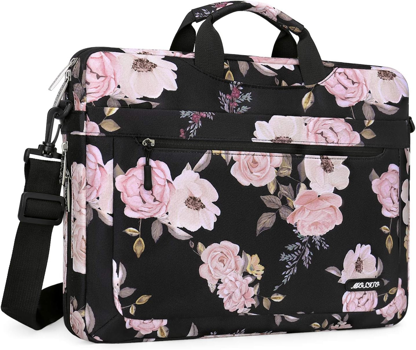 MOSISO Laptop Shoulder Bag Compatible with MacBook Pro 16 inch A2141/Pro Retina A1398, 15-15.6 inch Notebook, Polyester Peony Messenger Carrying Briefcase Sleeve with Adjustable Depth at Bottom, Black
