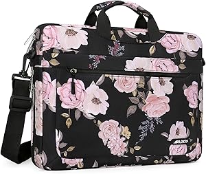 MOSISO Laptop Shoulder Bag Compatible with MacBook Pro 16 inch A2141/Pro Retina A1398, 15-15.6 inch Notebook, Polyester Peony Messenger Carrying Briefcase Sleeve with Adjustable Depth at Bottom, Black