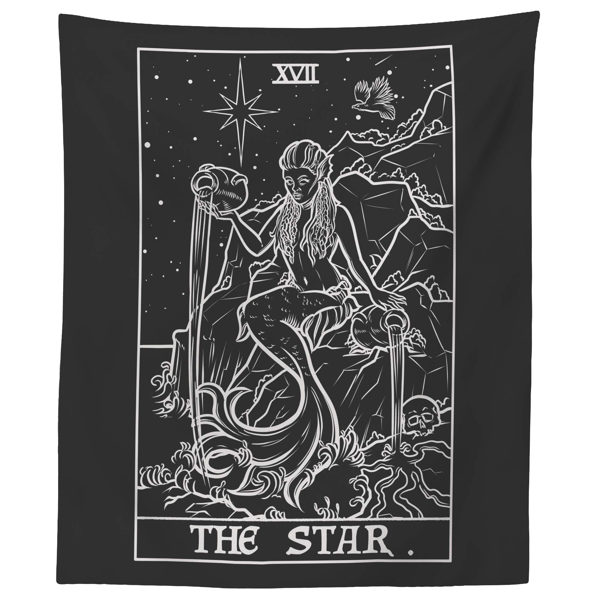 The Star Tarot Card Tapestry (Black & White) - Spooky Siren Mermaid - Gothic Halloween Home Decor Wall Hanging (59" x 51")