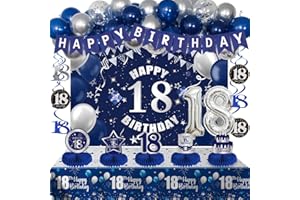 18th Birthday Decorations for Boys Girls Blue Silver, Happy 18th Birthday Banner 18 Balloon Numbers Backdrop Honeycomb Center