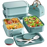 KEMETHY Adults Bento Lunch Box Set with Thermo Bag, 74oz Stackable Leak-proof 3-tiers Bento Box, Built-in Utensil and Sauce Container for Work, School, Dining Out (Green)