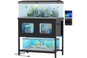 Hyomdeck 40 Gallon Fish Tank Stand with Magic Power Outlets and Smart LED Lights, Aquarium Stand with Storage Cabinet, Reptile Tank Stand with Unique Grid Door Design, Heavy Duty Metal Frame, Black