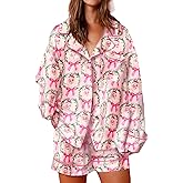 NJWTSDTZ Women 2 Piece Christmas Pajamas Santa Print Long Sleeve Button Down Shirt Shorts Pj Set Cute Holiday Sleepwear