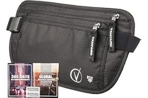 VANTAMO Money Belt For Travel Hidden, RFID Protected Waist Wallet, Fits Passport & Phone with covers, Includes 2 Global Recovery Tags (Regular, Black)