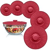 Silicone Bowl Lids Red, Set of 5 Reusable Suction Seal Covers for Bowls, Pots, Cups. Food Safe Natural grip, interlocking handles for easy use and storage.