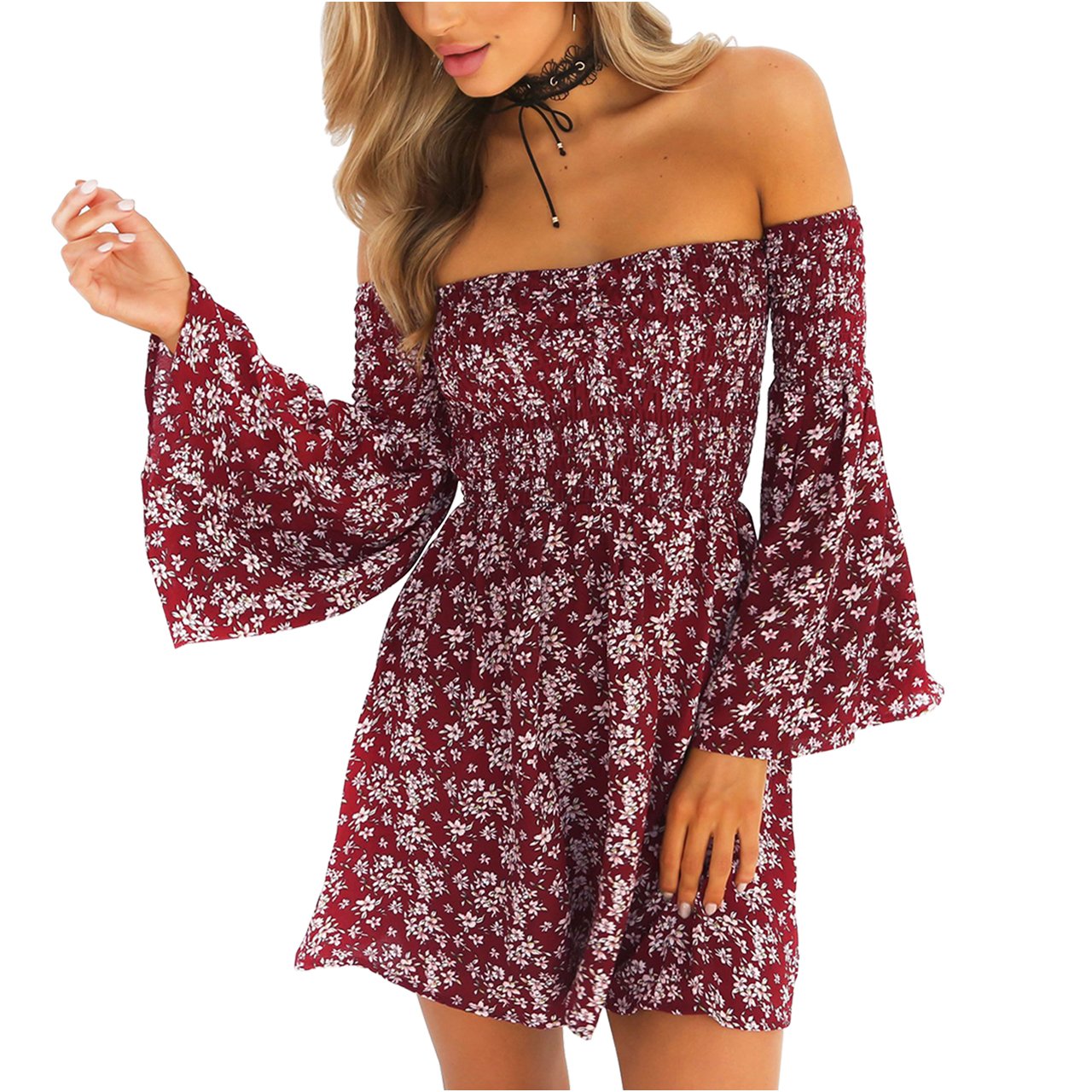 CHIC DIARY Women Sexy Off Shoulder Mini Dress Warp Chest Flare Sleeve Floral Dress (L)