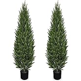 Briful 5FT Artificial Cedar Topiary Trees Set of 2 – Realistic Faux Cedar Pines in Pots, UV Resistant Outdoor Porch & Entryway Plants, All-Season Evergreen Decor for Patio, Farmhouse & Holiday