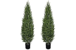 Briful 5ft Cedar Topiary Trees Artificial Outdoor Set of 2, Realistic Faux Cedar Pines with Pots, UV Resistant Christmas Greenery for Holiday Decor, Indoor Farmhouse Entryway Patio Door Plants