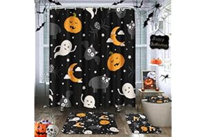 ArtSocket Halloween Bat Cat Spider Bathroom Set with Shower Curtain and Rugs Accessories, Ghost Halloween Pumpkins Spooky Spooky Shower Curtain for Bathroom Decor 4 Pcs