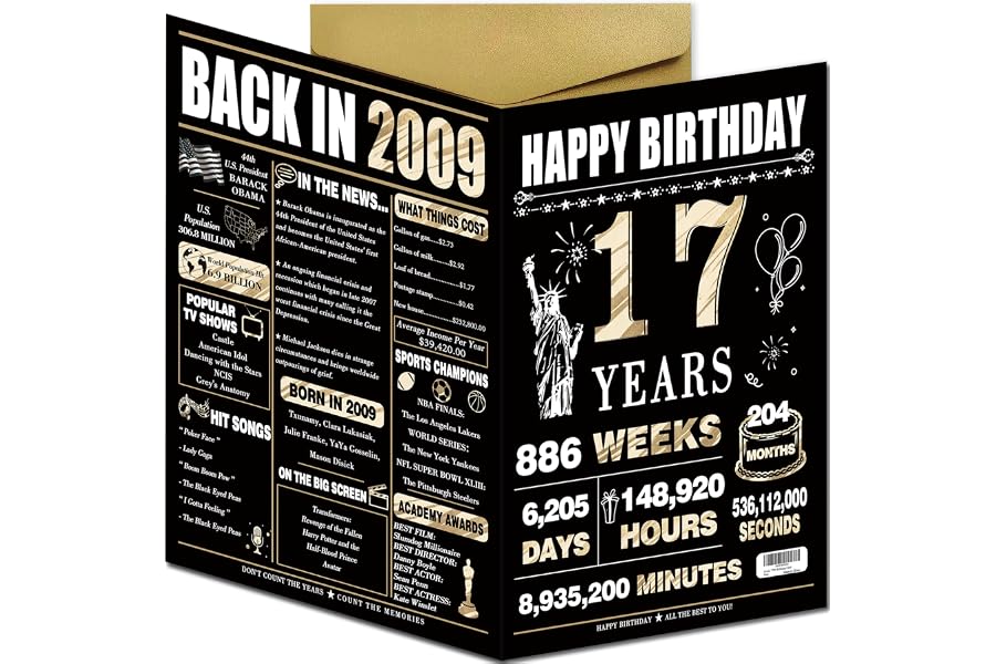 Happy 17th Birthday Card Gift Decorations for Teen Boys Girls with Envelope | 17 Year Old Birthday Gifts for Son Daughter,Large 10.6 x 7.9 Inch,Double Sided,17th Milestone Keepsake,Black Gold,Recycled