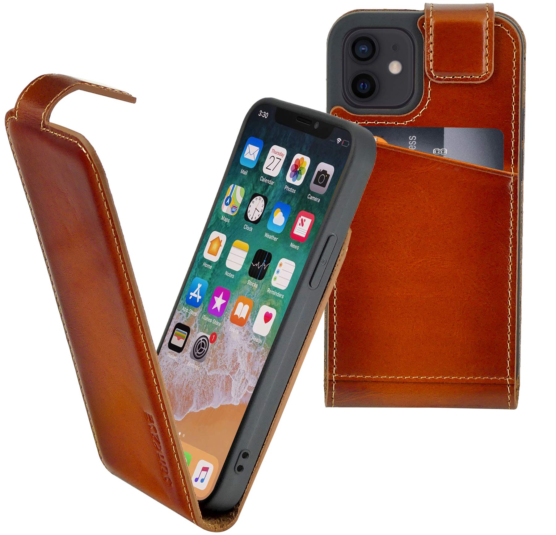Suncase Original Flip-Style (Ultra-Slim) compatible with iPhone 12 Mini (5.4") Case Leather Case Bag Protective Case Cover in Burnt Cognac